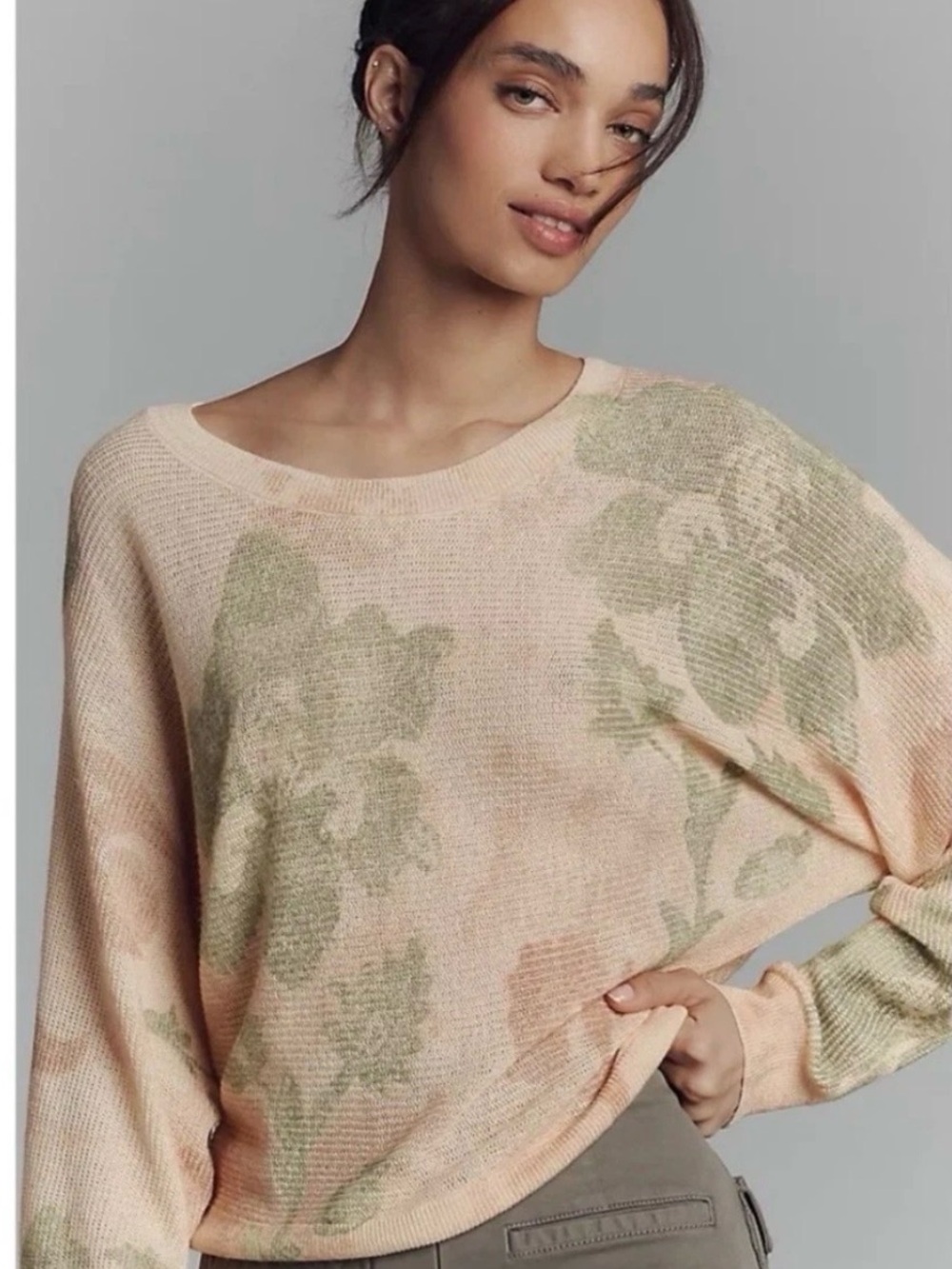 Anthropologie Peach-Cream Scoop Neck Floral Knit Sweater